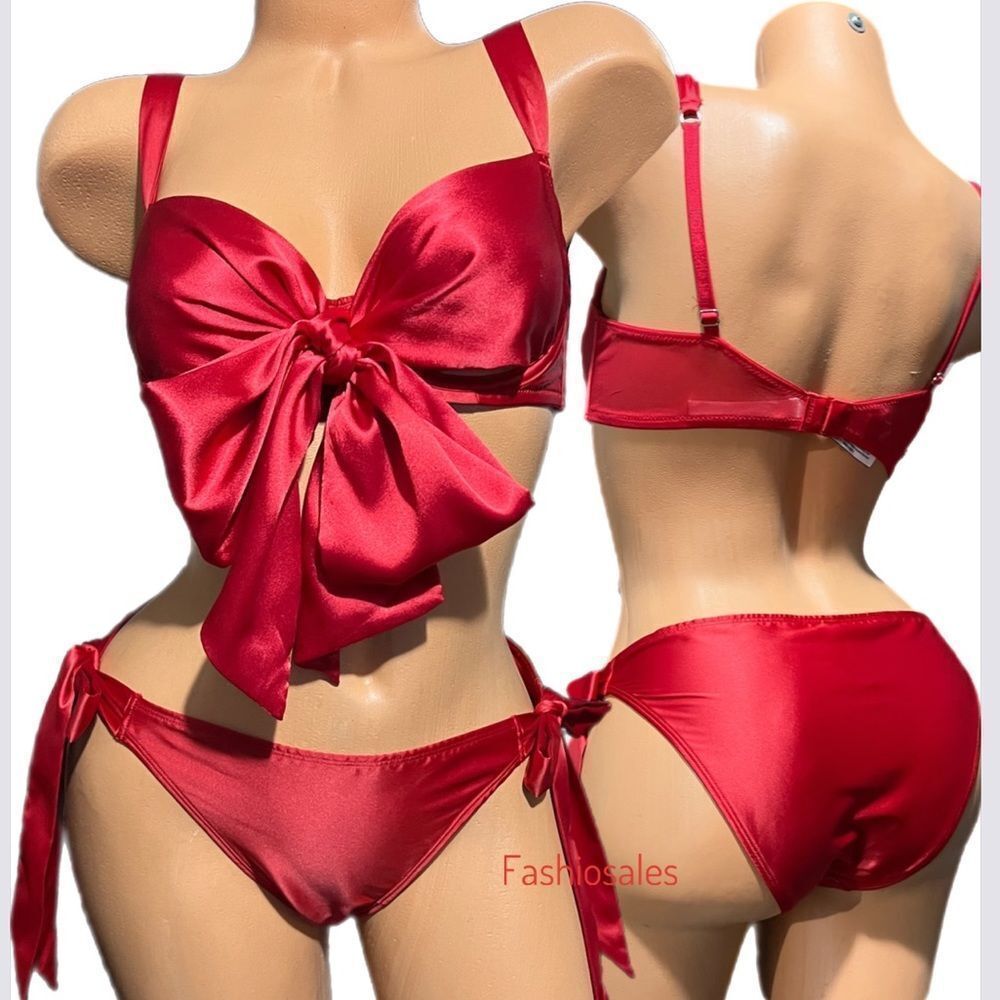 Victorias Secret Dream Angels Satin Bow Bra & String Cheeky Panty Set Lipstick